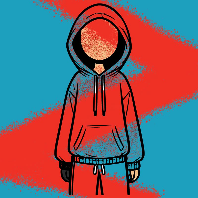faceless girl in a tracksuit with a hood on and no hair