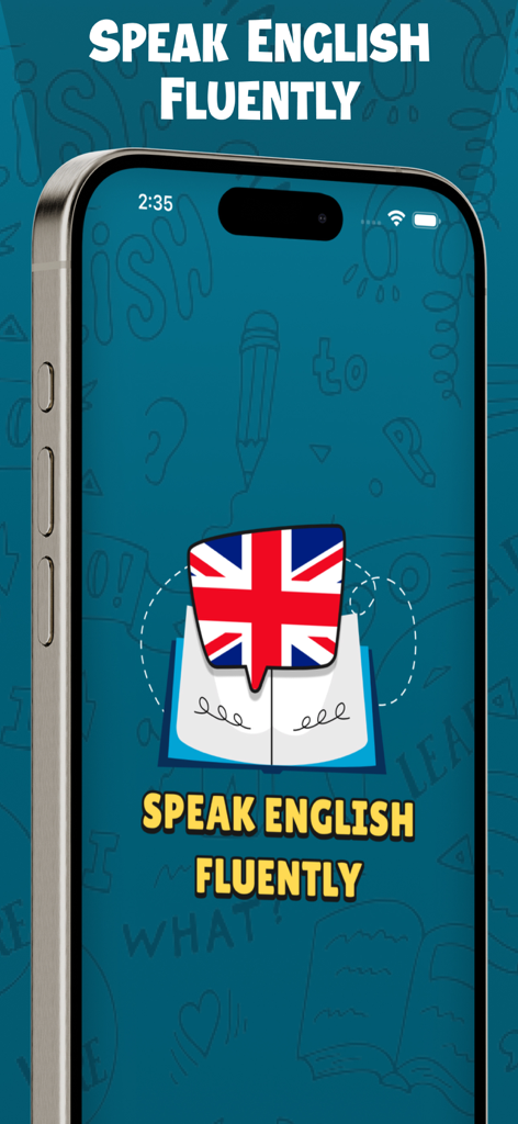 Speak English Fluently 2026 - Splash screen of the Speak English Fluently app showing an open book and British flag icon on a smartphone