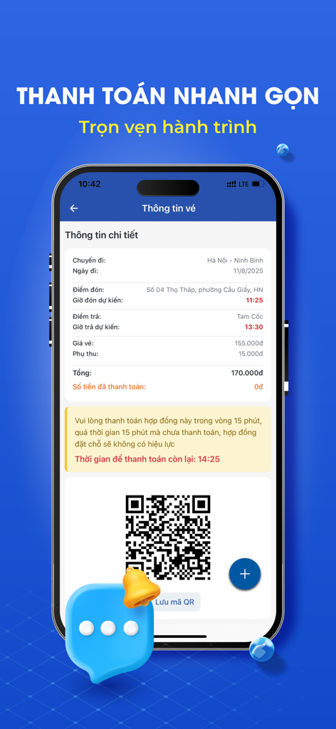 X.E Việt Nam - Đặt xe - Mobile app screen displaying ticket information and a QR code for travel booking in Vietnam