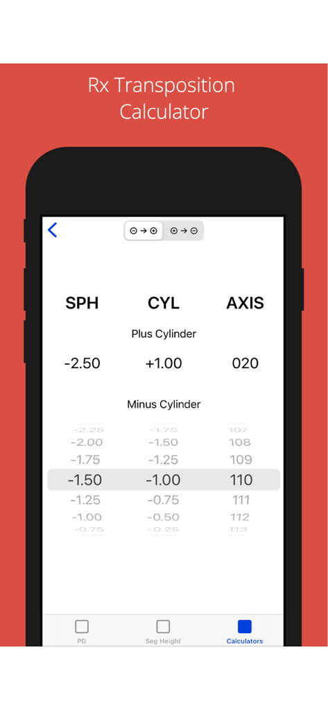 A screenshot of the Rx Transposition Calculator feature within the PD plus mobile application showing SPH CYL and AXIS optical values