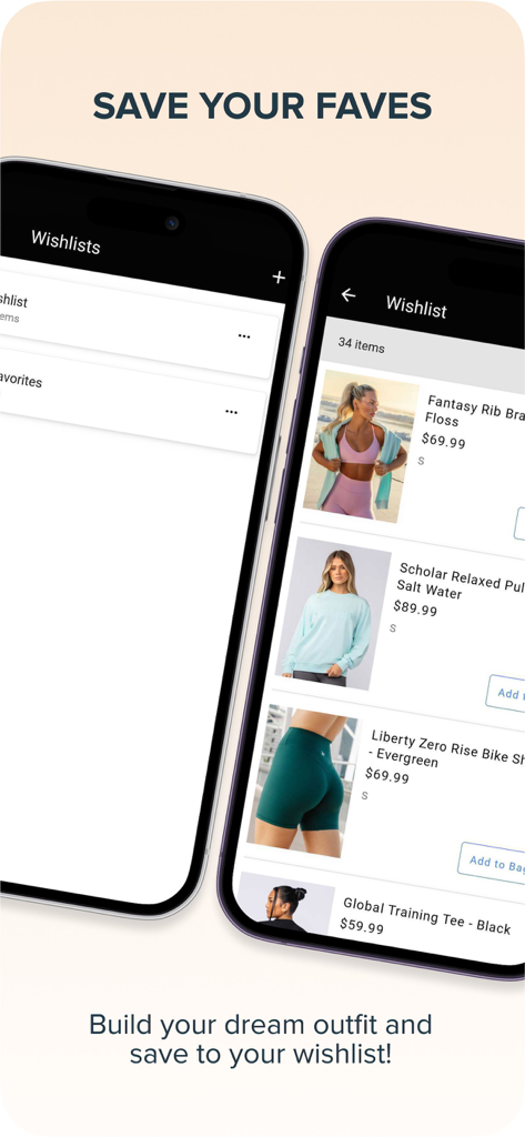 Two smartphones displaying the Muscle Nation app wishlist feature with saved fitness apparel like sports bras and leggings.