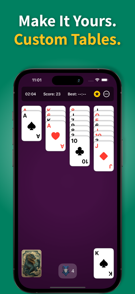 Aces Up Solitaire gameplay on a custom purple table background showing large easy to read cards on an iPhone screen.