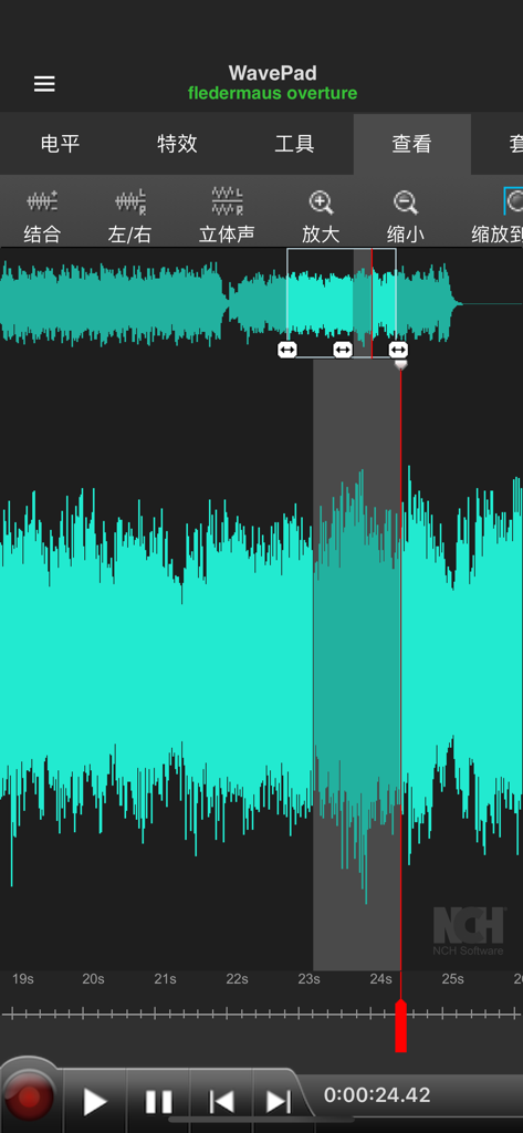 WavePad音频和音乐编辑器 - WavePad mobile app interface showing a cyan audio waveform with selection and zoom tools