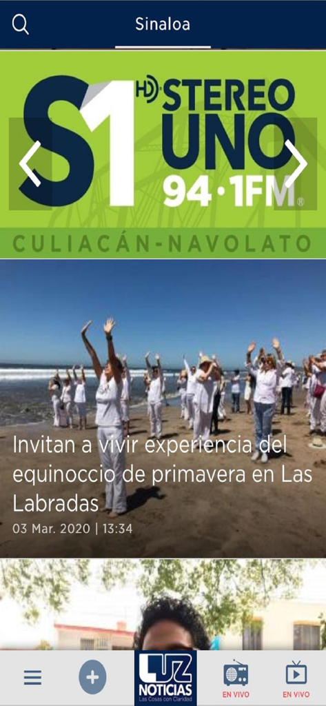 Luz Noticias - Luz Noticias mobile app interface displaying local news from Sinaloa and live radio stream for Stereo Uno