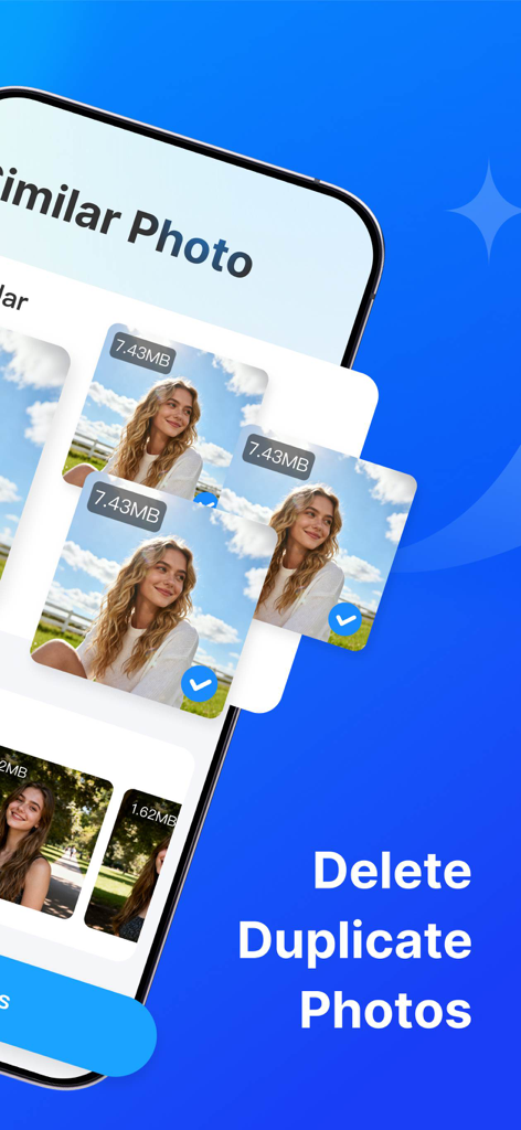TopCleaner:Release Storage - Interface of the TopCleaner app showing the similar photo detection and duplicate deletion feature
