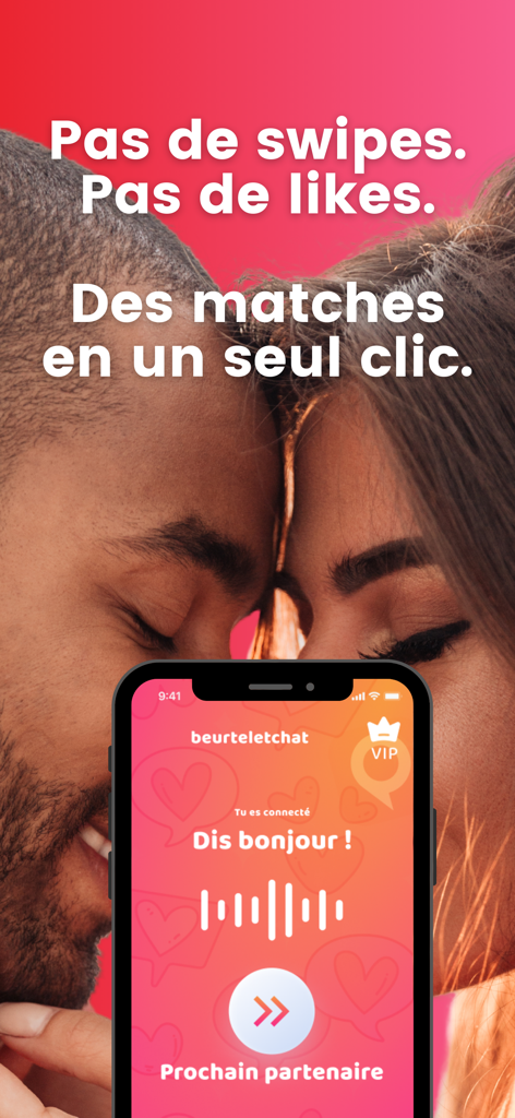 Écran de l'application Beurteletchat montrant la mise en relation par chat vocal et la phrase 'Pas de swipes, pas de likes'