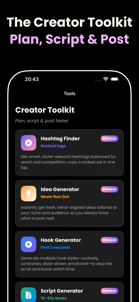 Viral AI: AI Creator Toolkit - Mobile App-Oberfläche für Viral AI, die Creator-Tools wie Hashtag Finder, Idea Generator, Hook Generator und Script Generator anzeigt.