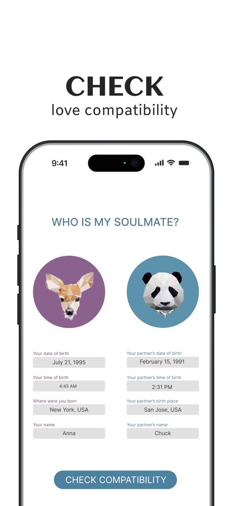 Love compatibility soulmate check screen in the Astrology and Human Design app