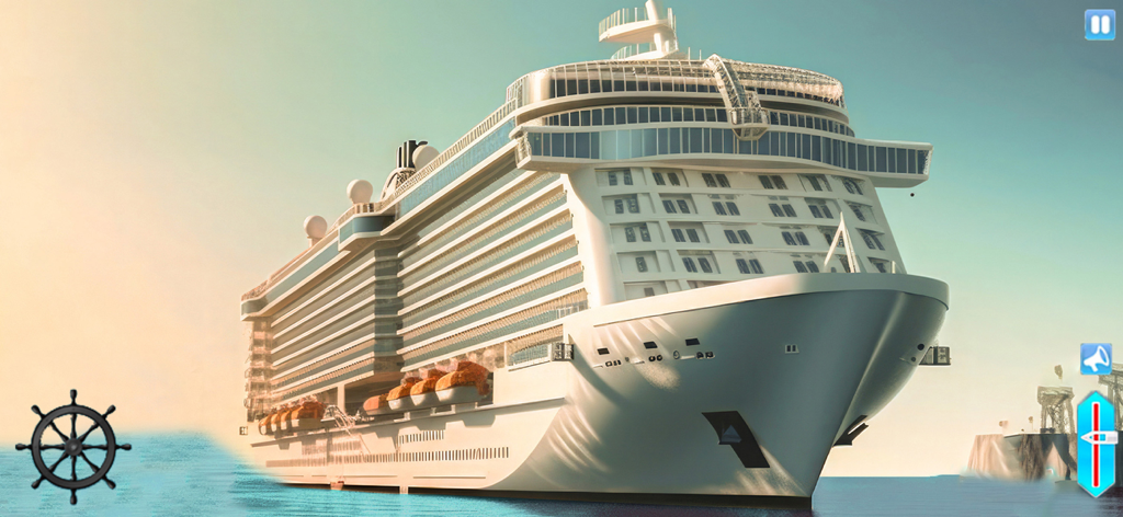 A massive white luxury cruise ship at sea in a 3D driving simulation game