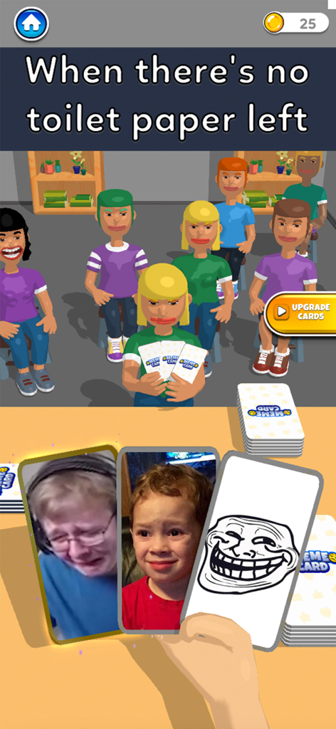 Gameplay of Meme Challenge showing a player selecting from funny meme cards to match a humor prompt
