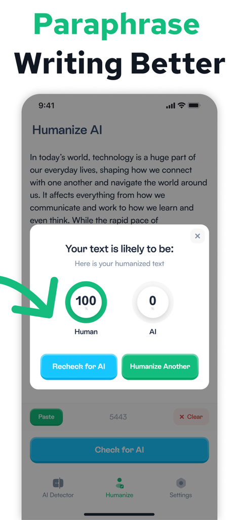 Undetectable AI - AI Detector - L'application Undetectable AI affichant un score d'écriture humaine de 100 % pour l'analyse de texte