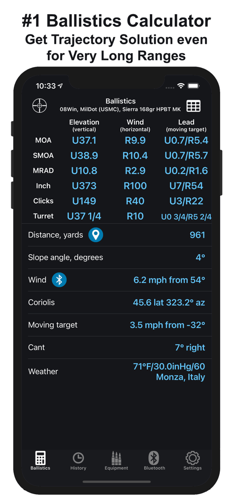 Chairgun Elite ballistic tool app interface showing technical shooting data including elevation wind and trajectory calculations for long ranges