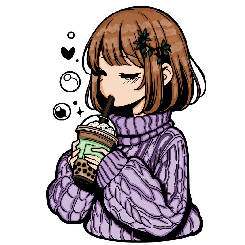 manga girl drinking boba in cozy sweater