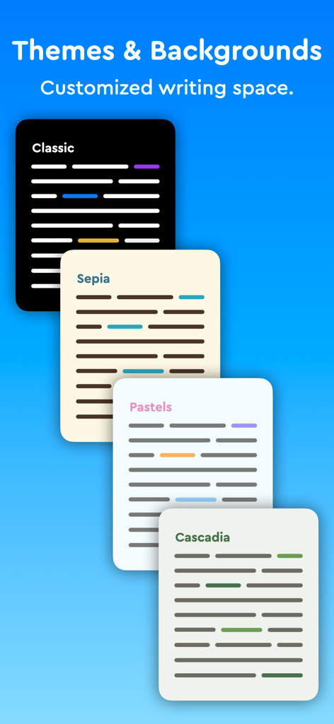 Essayist app interface displaying different writing themes and backgrounds
