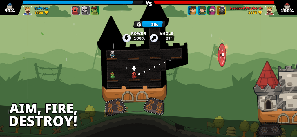 Castle Clashers! - Batalha PvP 1v1 em tempo real em Castle Clashers mostrando mecânicas de mira e estruturas de castelo destrutíveis