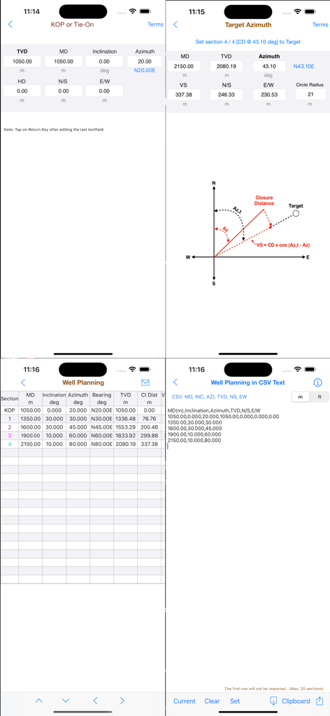 Directional Well Planning - A collection of app screens showing technical well planning data, trajectory diagrams, calculation tables, and CSV data import options for petroleum engineering.