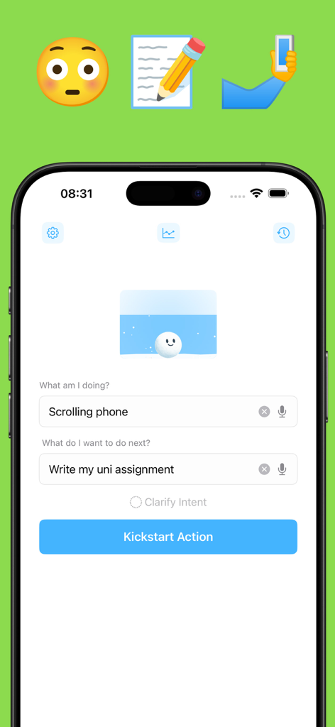 Snowballing - Start small - Snowballing app interface showing a transition from scrolling phone to writing a university assignment