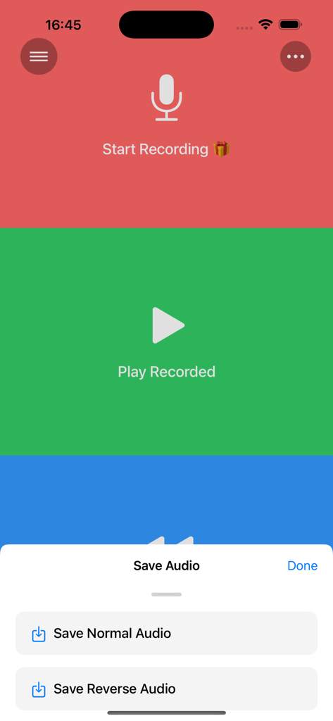 Mobile app interface of Reverse Audio Singing Trend showing record and play buttons with options to save normal or reverse audio
