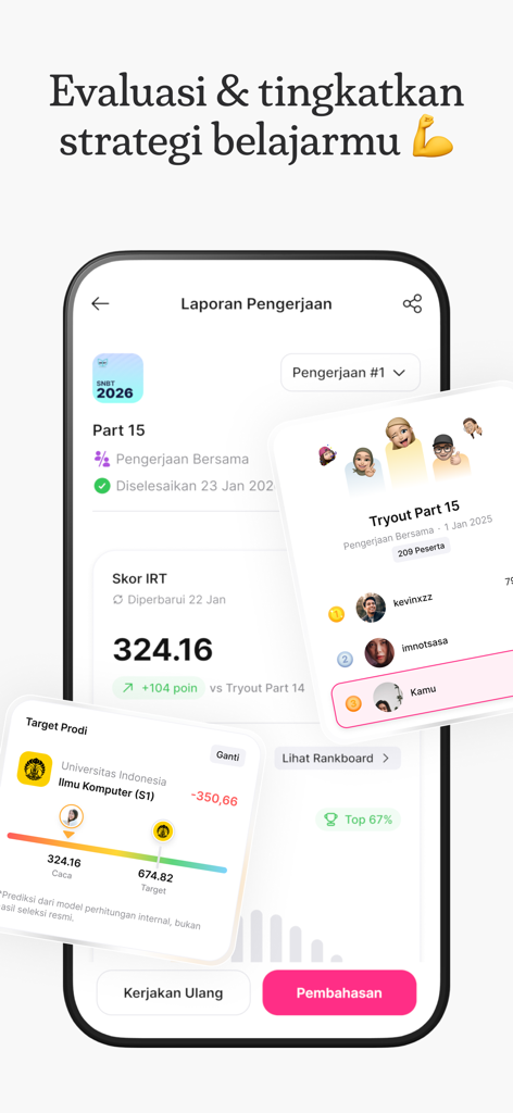 Analitica: Bantu Lolos Seleksi - Analitica app work report screen showing an IRT score of 324.16 and university target progress for Universitas Indonesia