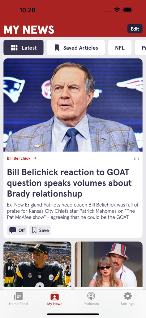Mirror US - Mirror US app personalized My News feed showing articles about sports and celebrities.