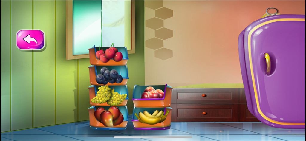 Cooking Chef: Master Kitchen - Una scena di cucina colorata in un gioco per bambini con cesti di frutta a più livelli e un frigorifero viola.
