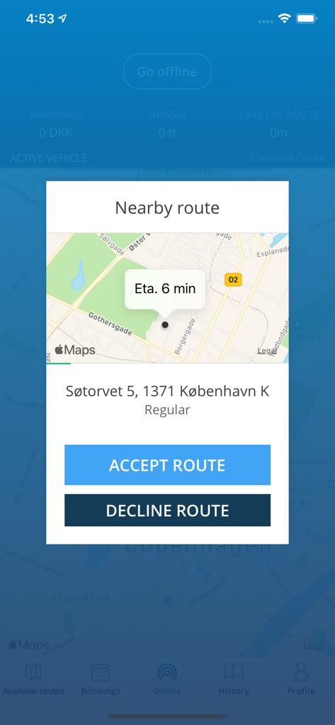 Mover for Drivers app interface showing a nearby route notification with a map and buttons to accept or decline the job.