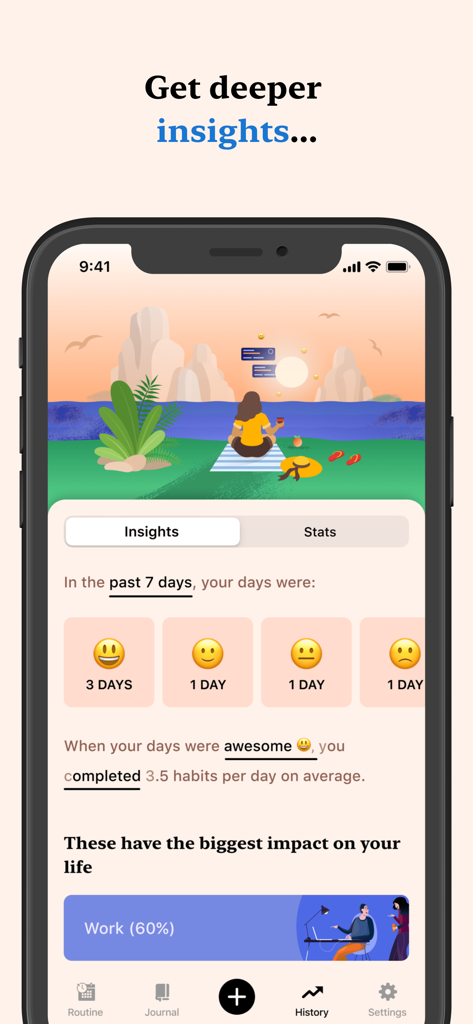 Schermata di approfondimenti dell'app Tangerine che mostra statistiche settimanali di monitoraggio dell'umore e di completamento delle abitudini