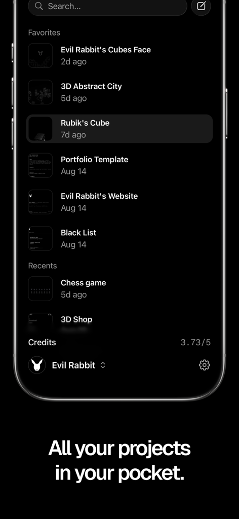 Uno smartphone che mostra la dashboard dei progetti dell'app v0 con un elenco di progetti web preferiti e recenti.