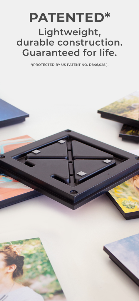 Close up of the patented adhesive back of a lightweight photo tile from FreePrints