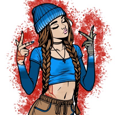 realistic teenage girl with braids and a beanie and crop top doing 🫶🏼