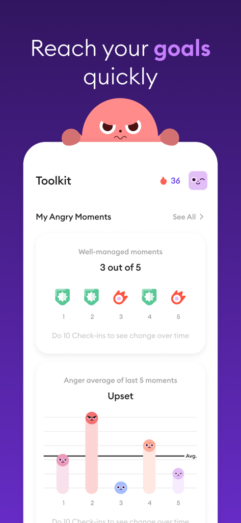 Das Toolkit der Ahead-App zeigt Fortschritte im Wutmanagement und Diagramme zur Emotionsverfolgung.