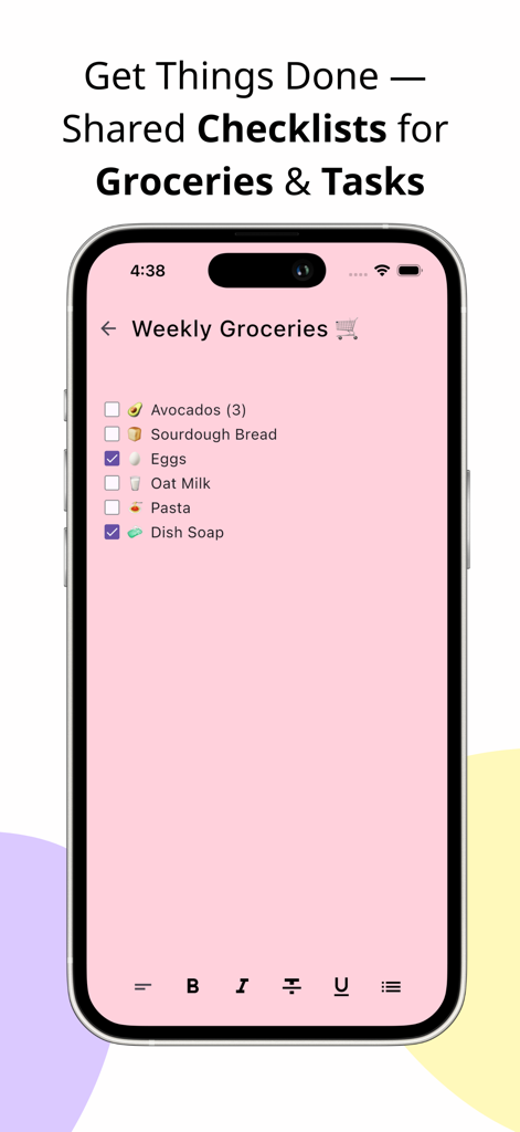 Shared Notes: Couples & AI - Pantalla de smartphone que muestra una lista de compras compartida dentro de la interfaz de la aplicación Notas Compartidas.
