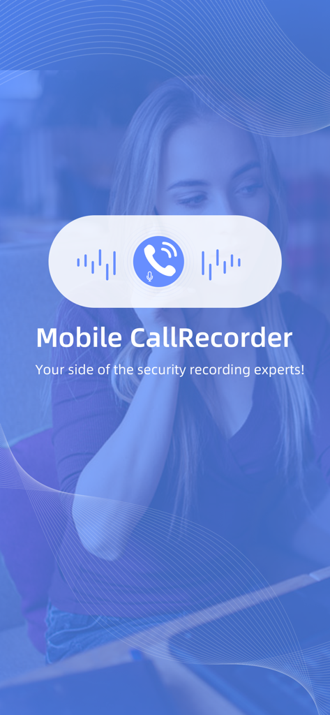 Call Recorder - Voice Recorder - 女性が電話で話している、オーディオ波形付きのモバイル通話レコーダーアプリのスプラッシュスクリーン