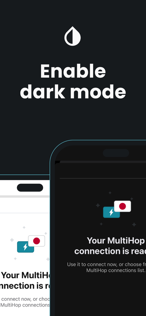 Surfshark VPN App-Oberfläche, die die Dunkelmodus-Umschaltfunktion für das iPhone zeigt
