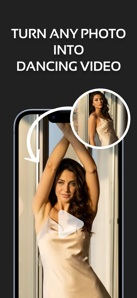 AI Baby Dance Video: shain - Pantalla de smartphone mostrando la aplicación Shain convirtiendo una foto estática de una mujer en un vídeo de baile.