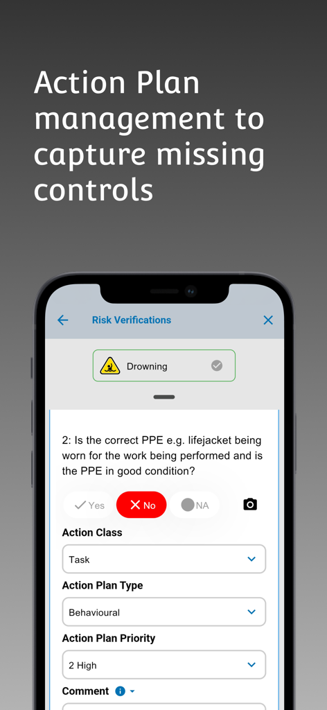 Forwood Safety+ - Forwood Safety plus mobile app screen showing action plan management for critical risk verification.