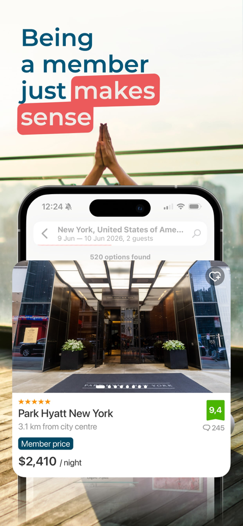 ZenHotels app interface showing a member price for a luxury hotel in New York City