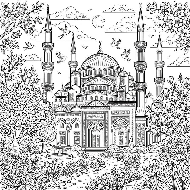 Embark on a creative journey with this beautiful coloring page featuring a majestic mosque amidst a blossoming spring landscape. Perfect for teens, it offers intricate details of architectural grandeur and natural beauty to bring to life with your favorite colors.
