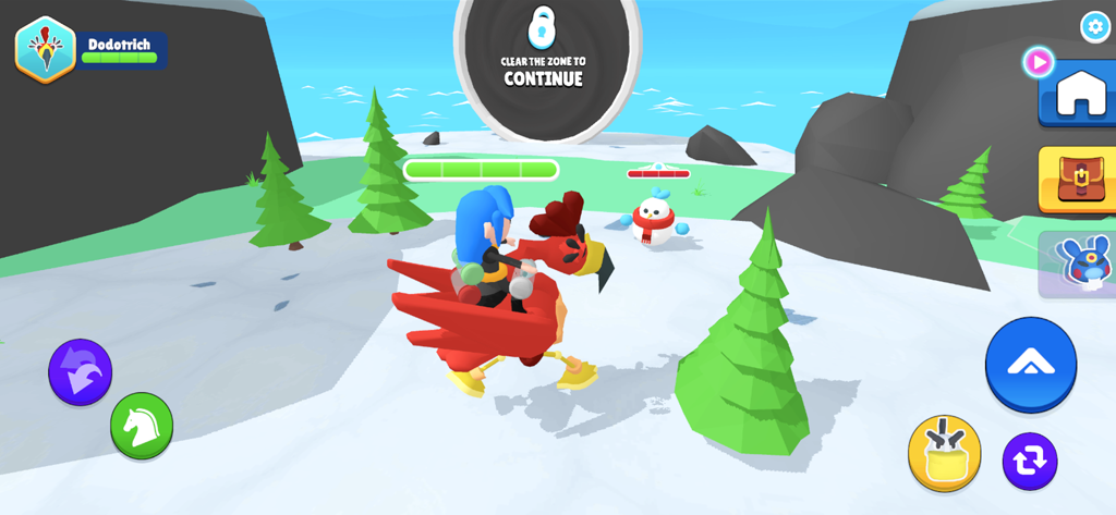 A player character riding a red bird monster called Dodotrich in a snowy landscape