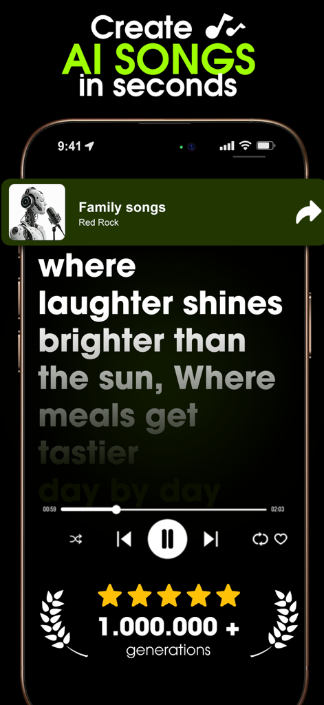 A smartphone screen showing the Zuka app interface with AI generated song lyrics and a music player.