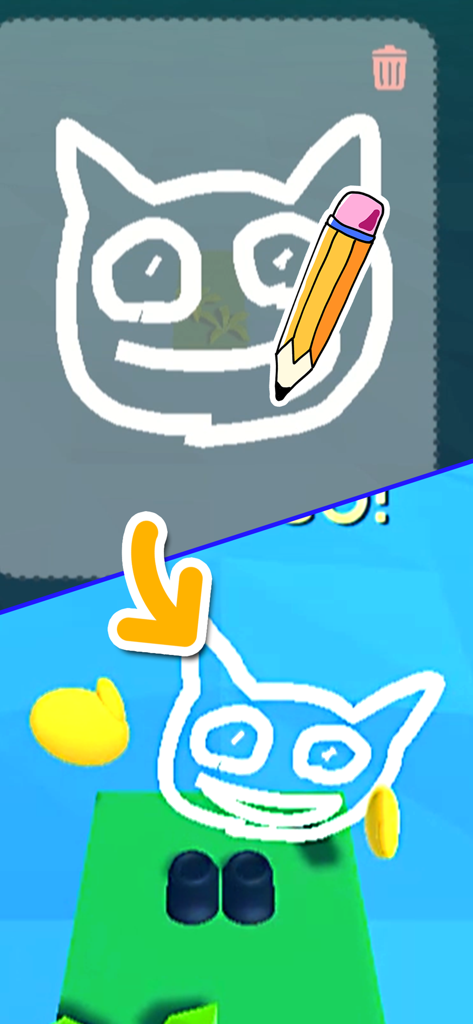 Idle Draw Earth-Fun life games - A screenshot demonstrating how a simple white line drawing of a cat character transforms into a 3D animated character in the game