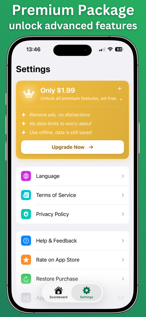Score Keeper & Scoreboard - Settings menu of the Score Keeper app featuring a premium package upgrade banner and app configuration options