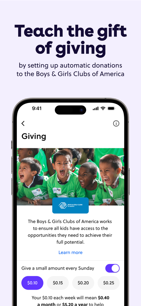 GoHenry by Acorns Kids Banking - GoHenry app interface showing automated donation options for kids to support the Boys and Girls Clubs of America