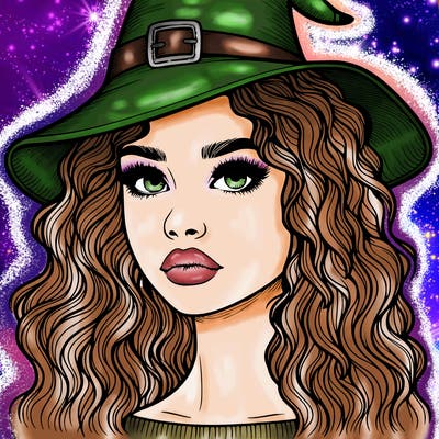 realistic girl with wavy hair a witch hat and a nose and lips and eyes