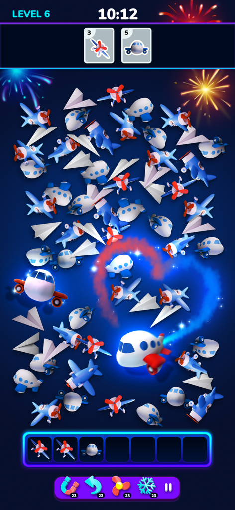 Blitz Factory 3D - Gameplay screenshot of Blitz Factory 3D showing a 3D triple match puzzle with toy airplanes