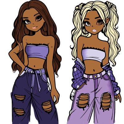 2 girls in crop tops and baggy jeans ripped