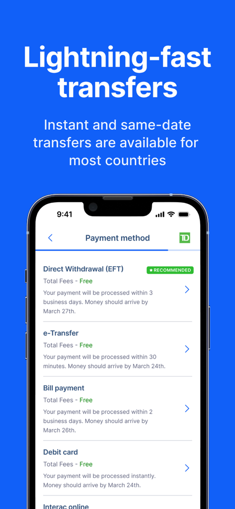 RemitBee Quick Money Transfer - RemitBee app interface showing payment methods including EFT eTransfer and debit card for fast international money transfers