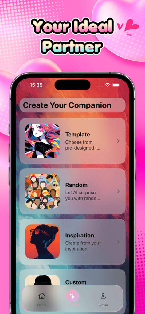 Twek - Twek app interface on an iPhone showing different modes to create an AI companion including template and random options.