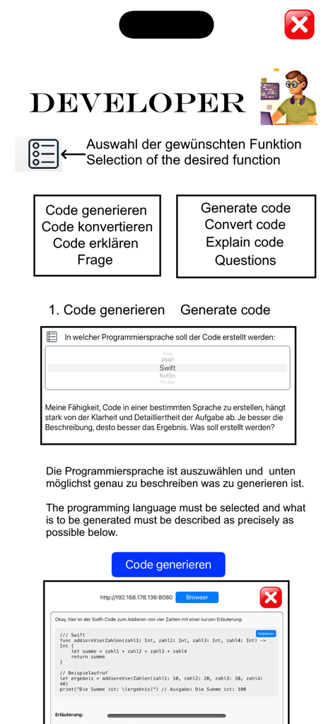 Developer-PRO - Interface of the Developer-PRO app showing options to generate, convert, and explain code with a Swift language selection example.