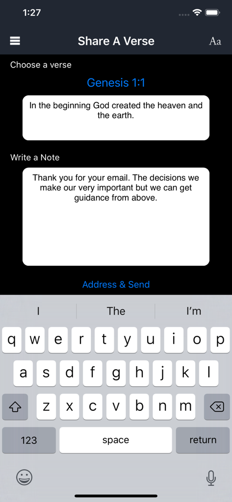 Scourby YouBible - Share A Verse screen in the Scourby YouBible app showing a personal note field and the Genesis 1 1 verse